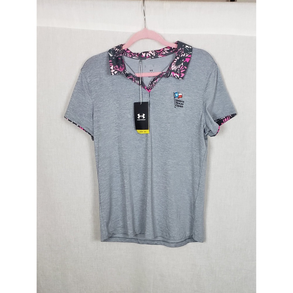Under Armour Womens Zinger Golf Polo Gray Floral Slub Shirt Valero Texas Open L